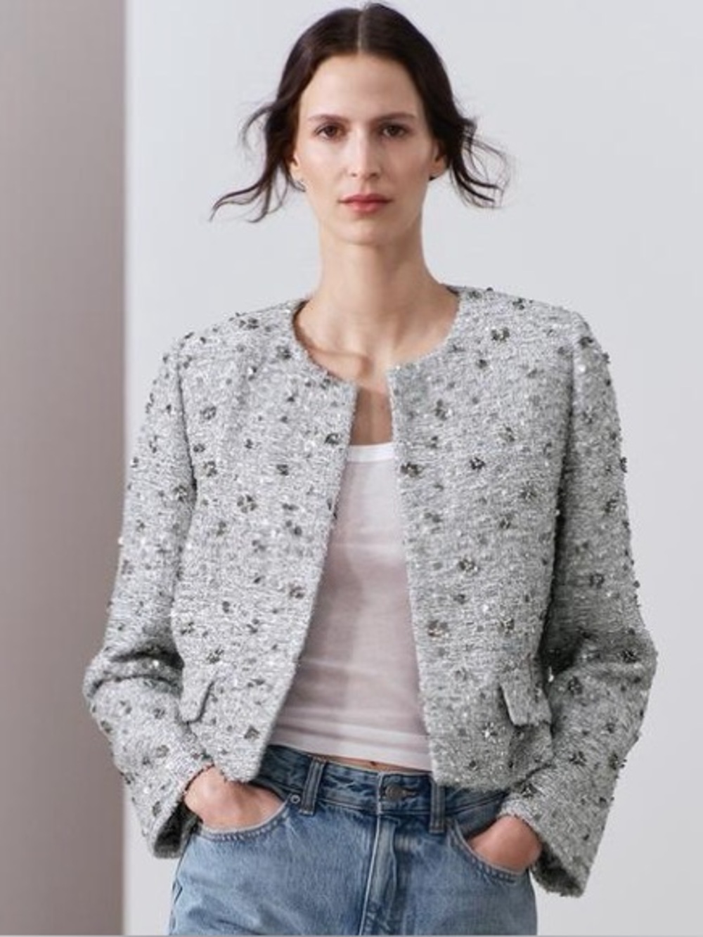 Zara ZW Collection Silver Sequin Cropped Jacket | Large | NWT